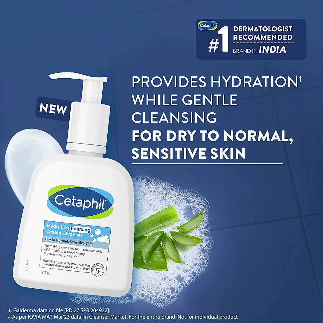 Cetaphil Hydrating Foaming cream Face Wash Cleanser Dry To Normal Sensitive Skin - 236ml