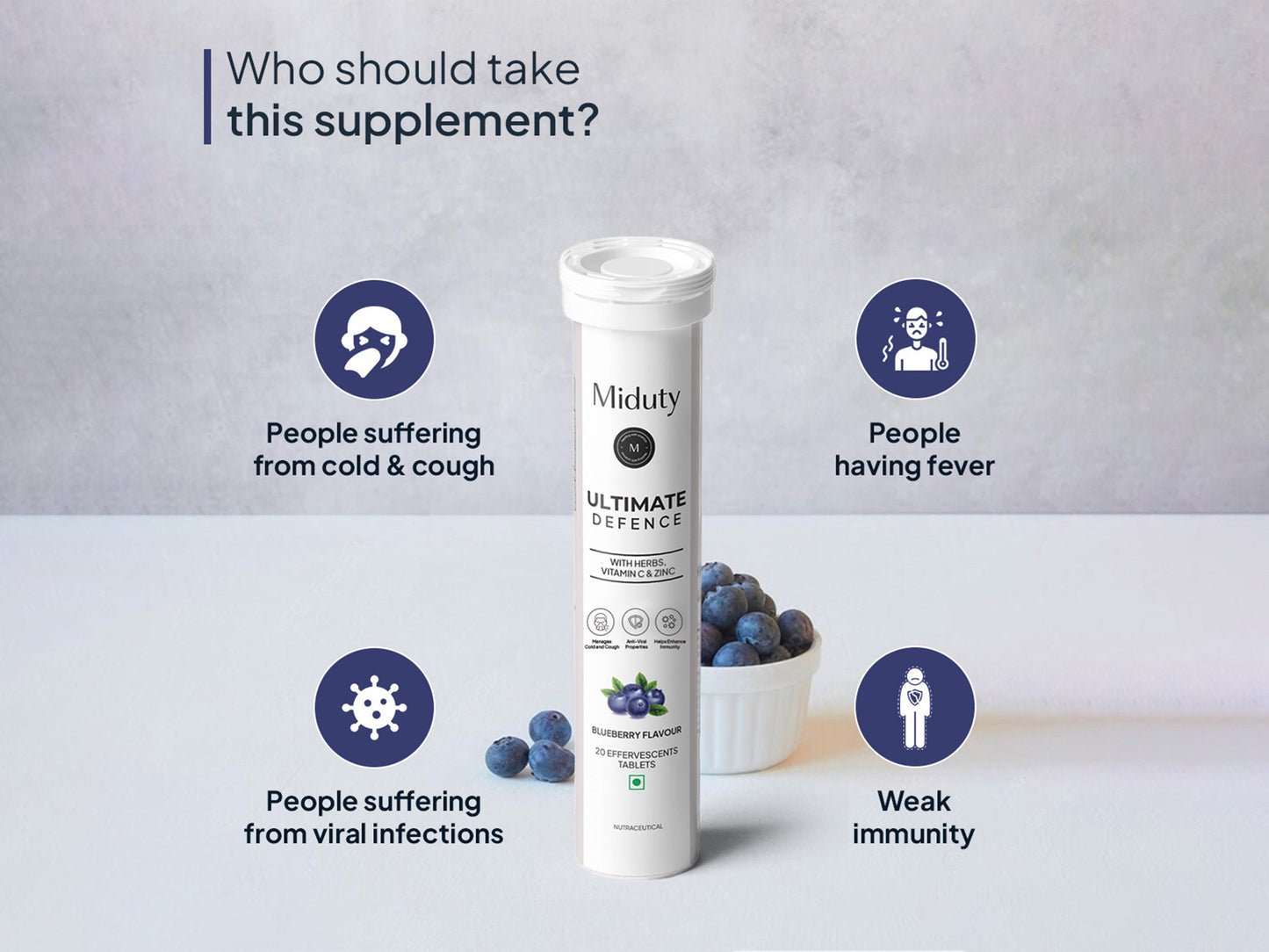 Miduty Ultimate Defence With Zinc, Vitamin C & Herbs Effervescent Tablet - Blueberry Flavour