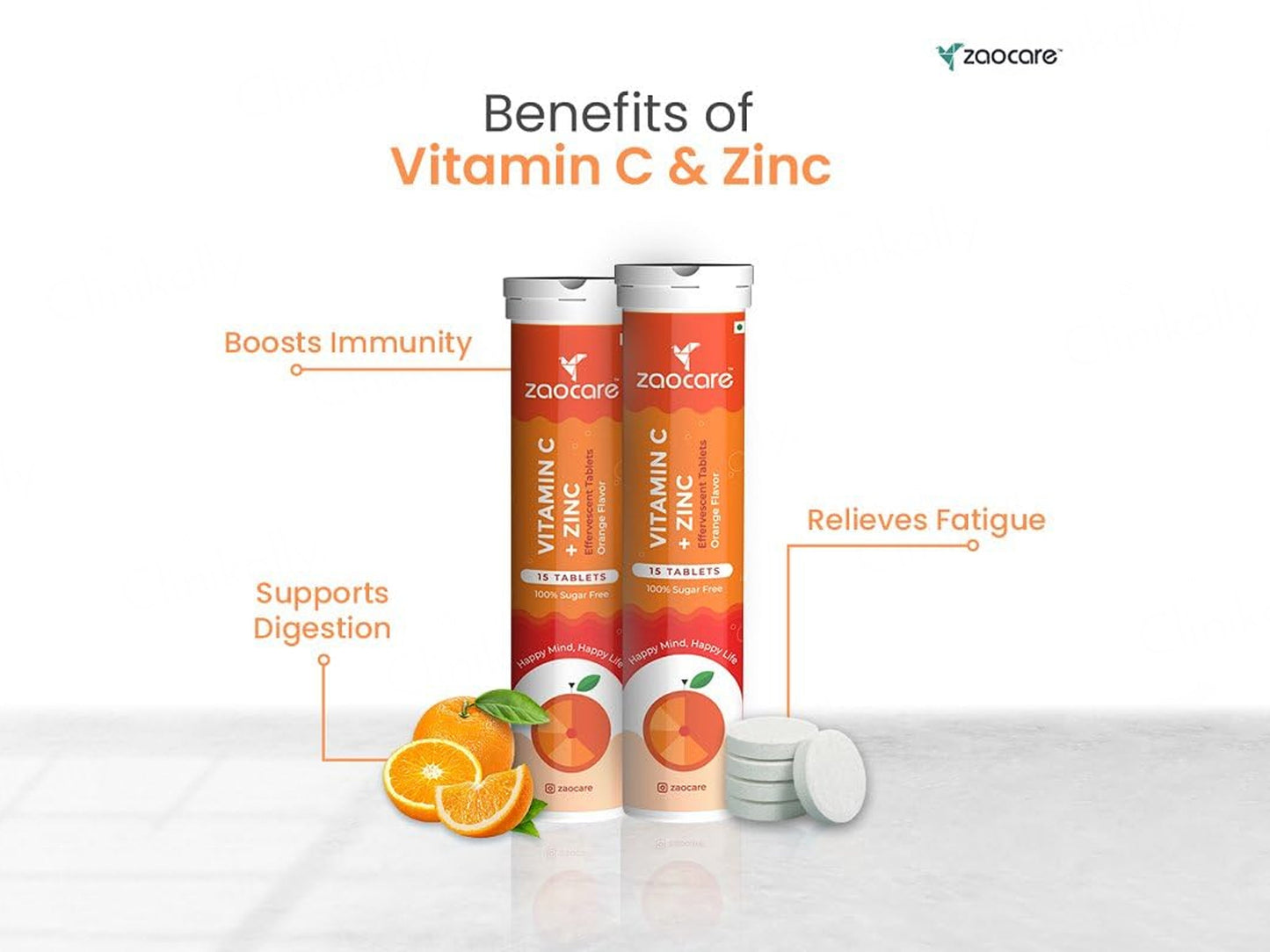 Zaocare Vitamin C + Zinc Effervescent Tablet - Orange Flavour