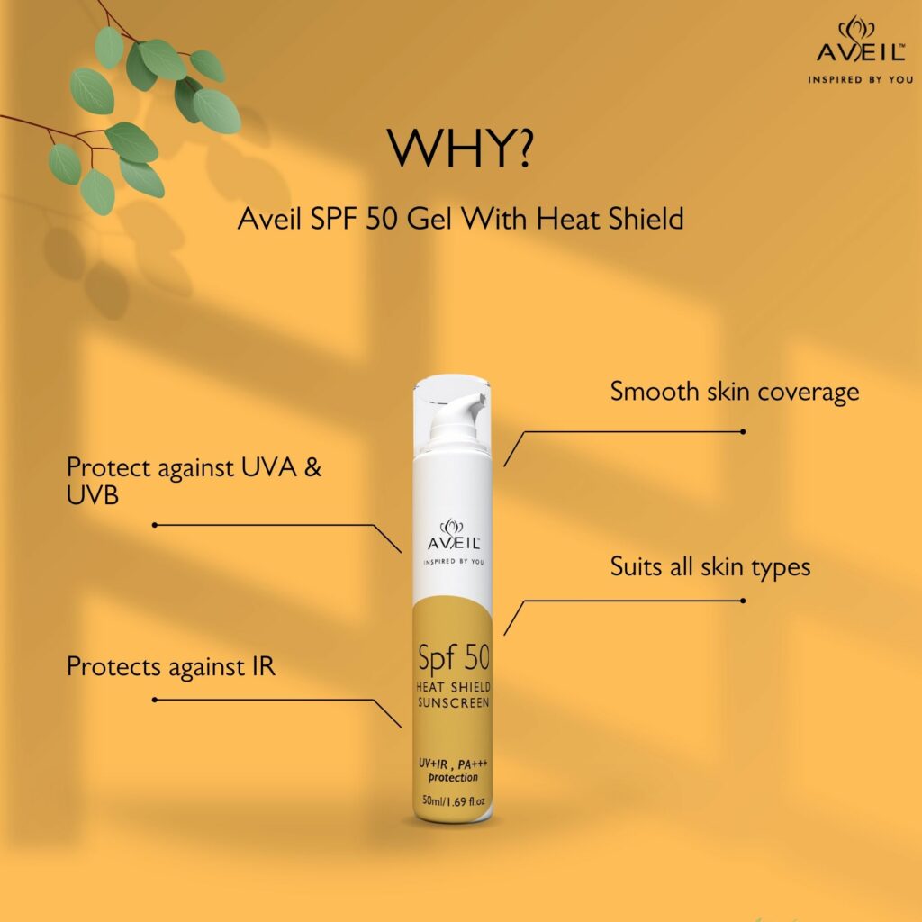Aveil SPF 50 Gel With Heat Shield preventing sun damage UV light Infrared rays