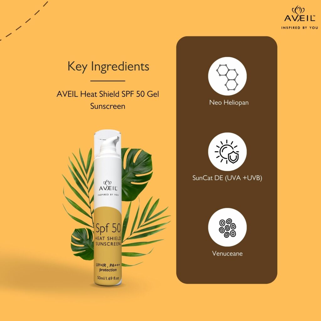 Aveil SPF 50 Gel With Heat Shield preventing sun damage UV light Infrared rays