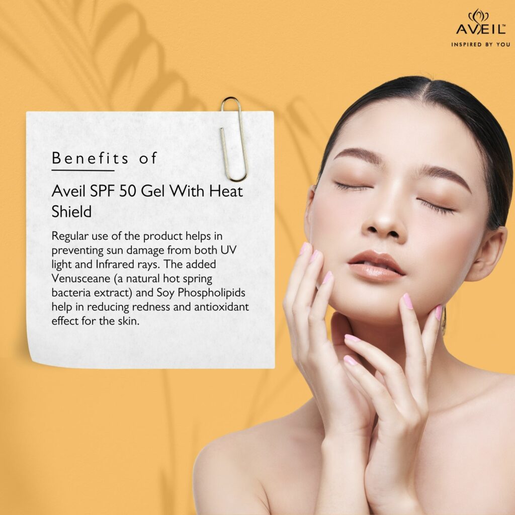 Aveil SPF 50 Gel With Heat Shield preventing sun damage UV light Infrared rays