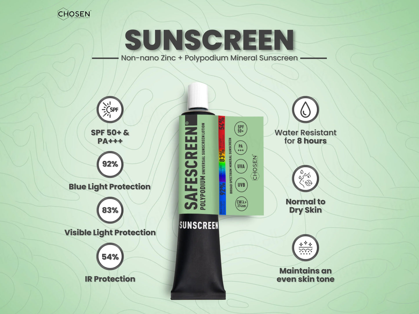 Chosen Safescreen Polypodium Universal Mineral Sunscreen Lotion SPF 50+ PA+++