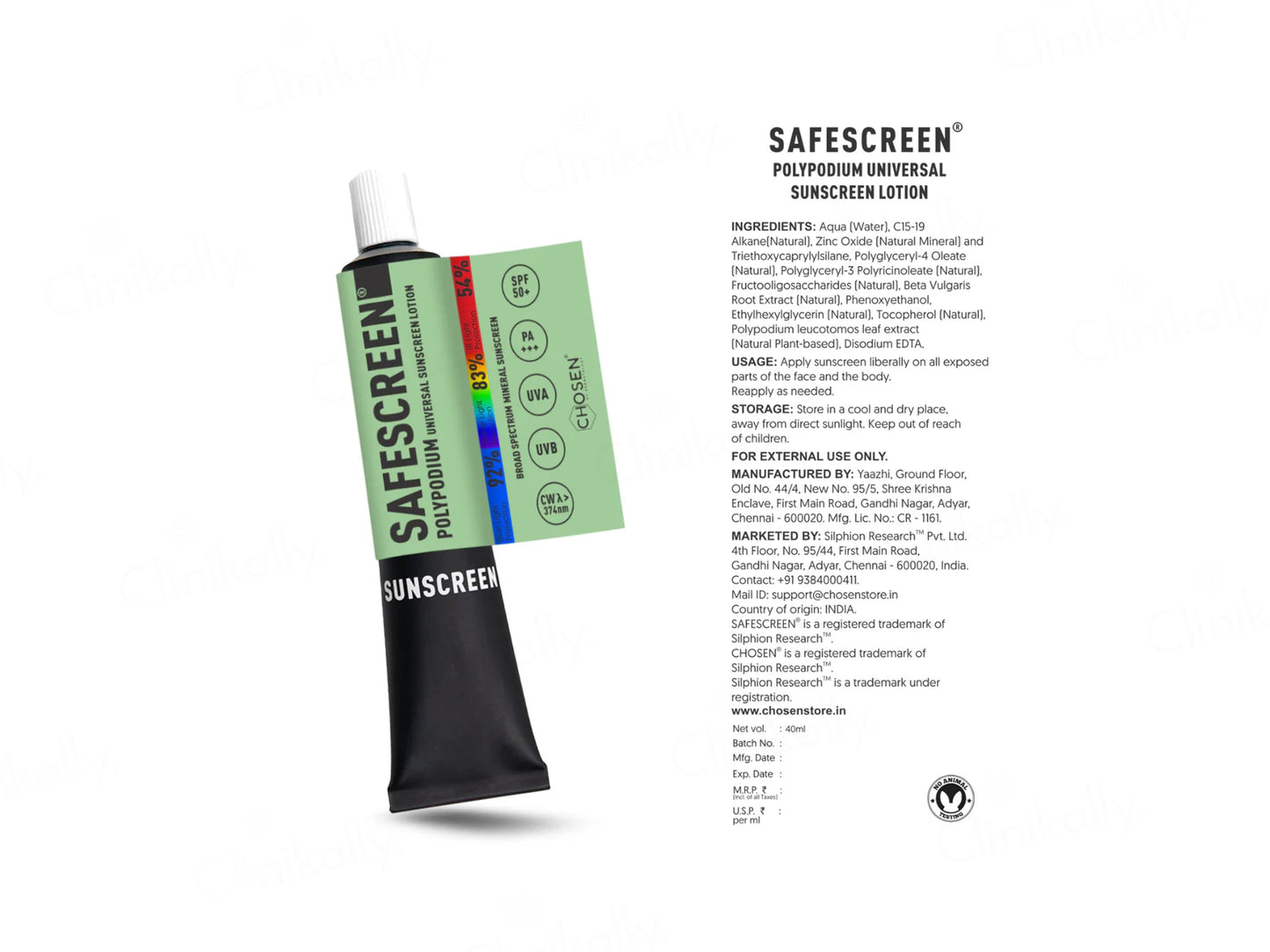 Chosen Safescreen Polypodium Universal Mineral Sunscreen Lotion SPF 50+ PA+++
