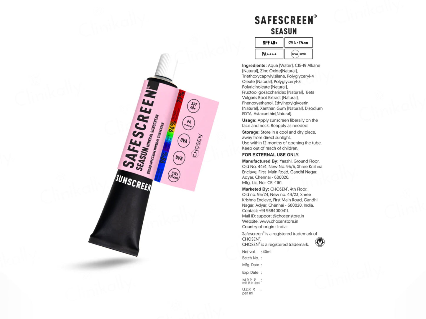 Chosen Safescreen Seasun Mineral Sunscreen SPF 40+ PA++++