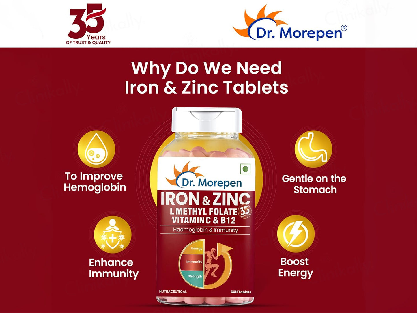 Dr. Morepen Iron & Zinc, L-Methyl Folate, Vitamin C & B12 Tablet