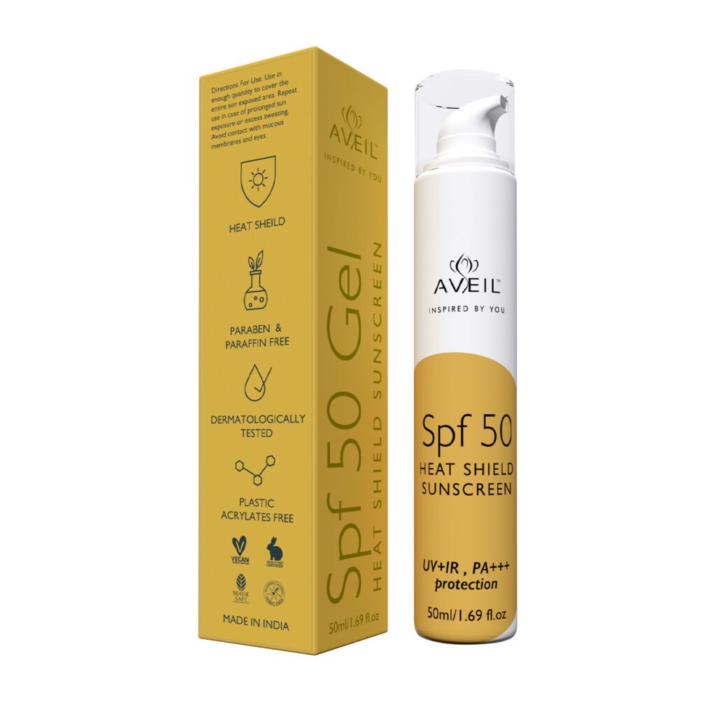 Aveil SPF 50 Gel With Heat Shield preventing sun damage UV light Infrared rays