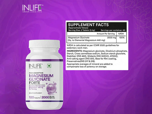 Inlife High Absorption Magnesium Glycinate Forte 2000mg Supplement Tablet
