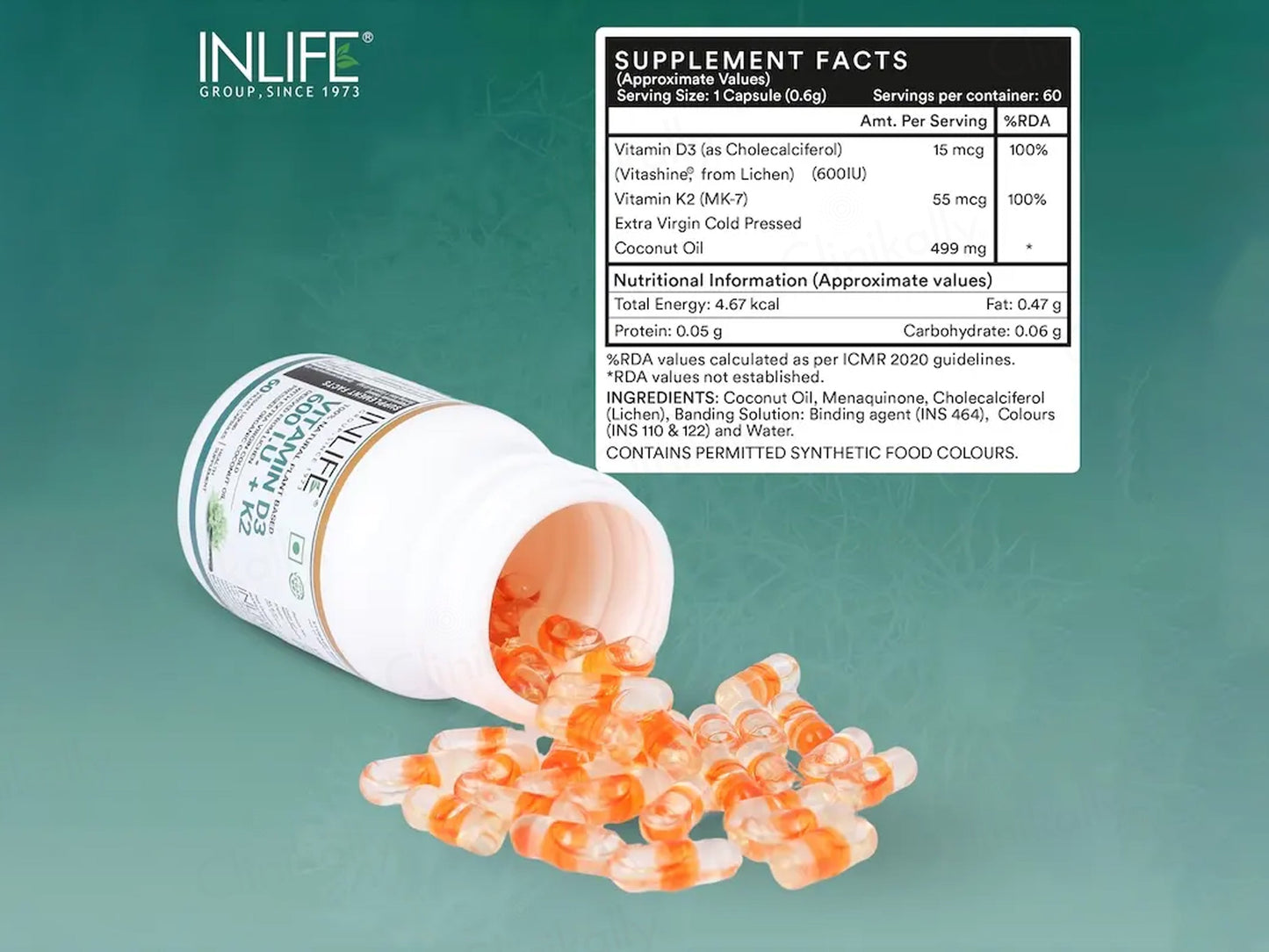 Inlife Plant Based Vitamin D3 600 I.U. + K2 Liquid Filled Vegetarian Capsule