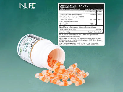 Inlife Plant Based Vitamin D3 600 I.U. + K2 Liquid Filled Vegetarian Capsule