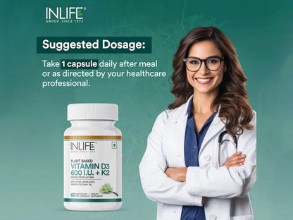 Inlife Plant Based Vitamin D3 600 I.U. + K2 Liquid Filled Vegetarian Capsule