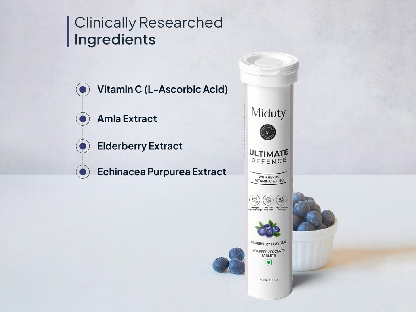 Miduty Ultimate Defence With Zinc, Vitamin C & Herbs Effervescent Tablet - Blueberry Flavour