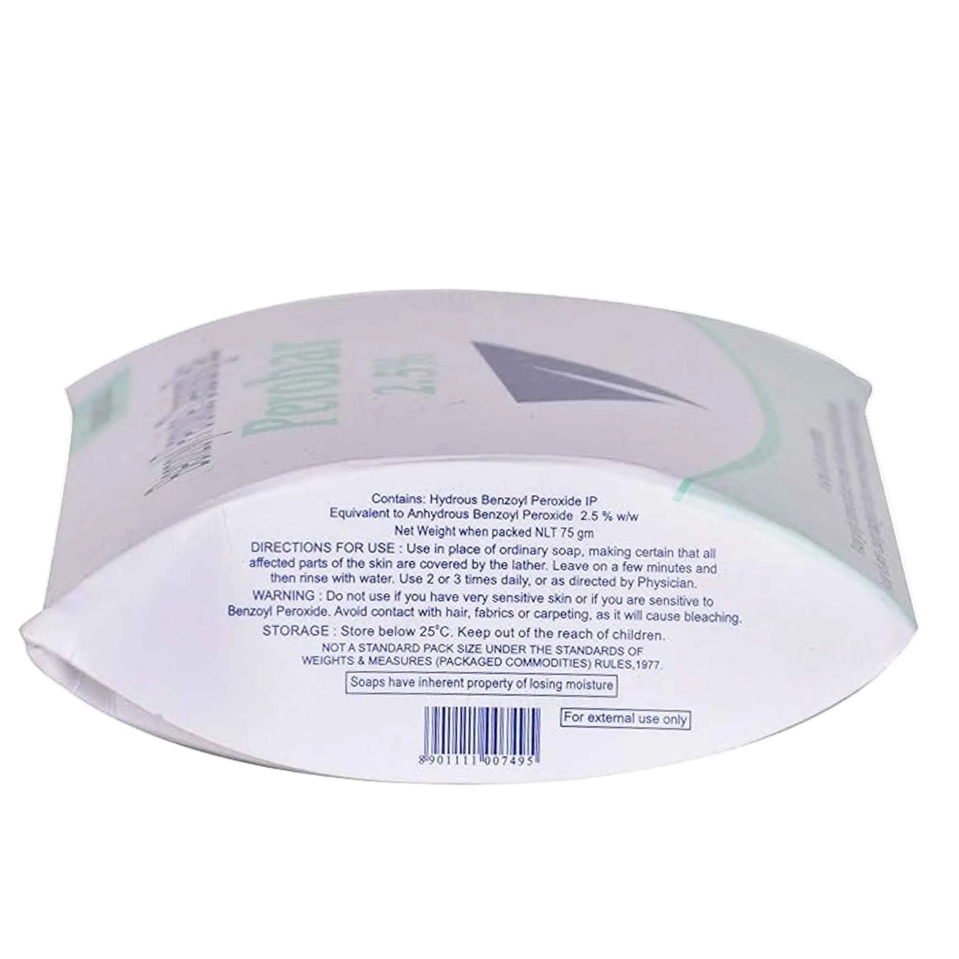 Back label of a soap bar with text and branding on a white background Perbar Benzoyl Peroxide Cleasing Bar