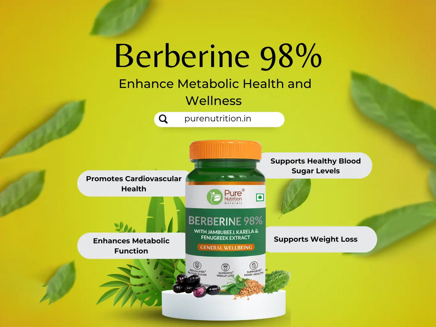 Pure Nutrition Berberine 98% With Jambubeej, Karela & Fenugreek Extract Veg Tablet
