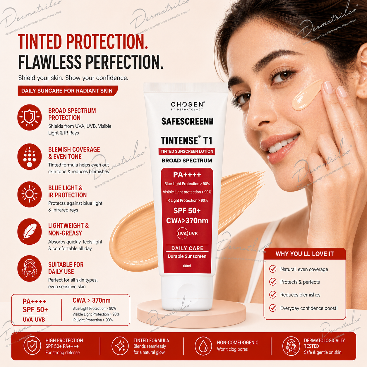 SAFESCREEN TINTENSE T1 (Bisque) Tinted Sunscreen Lotion PA++++ SPF 50+
