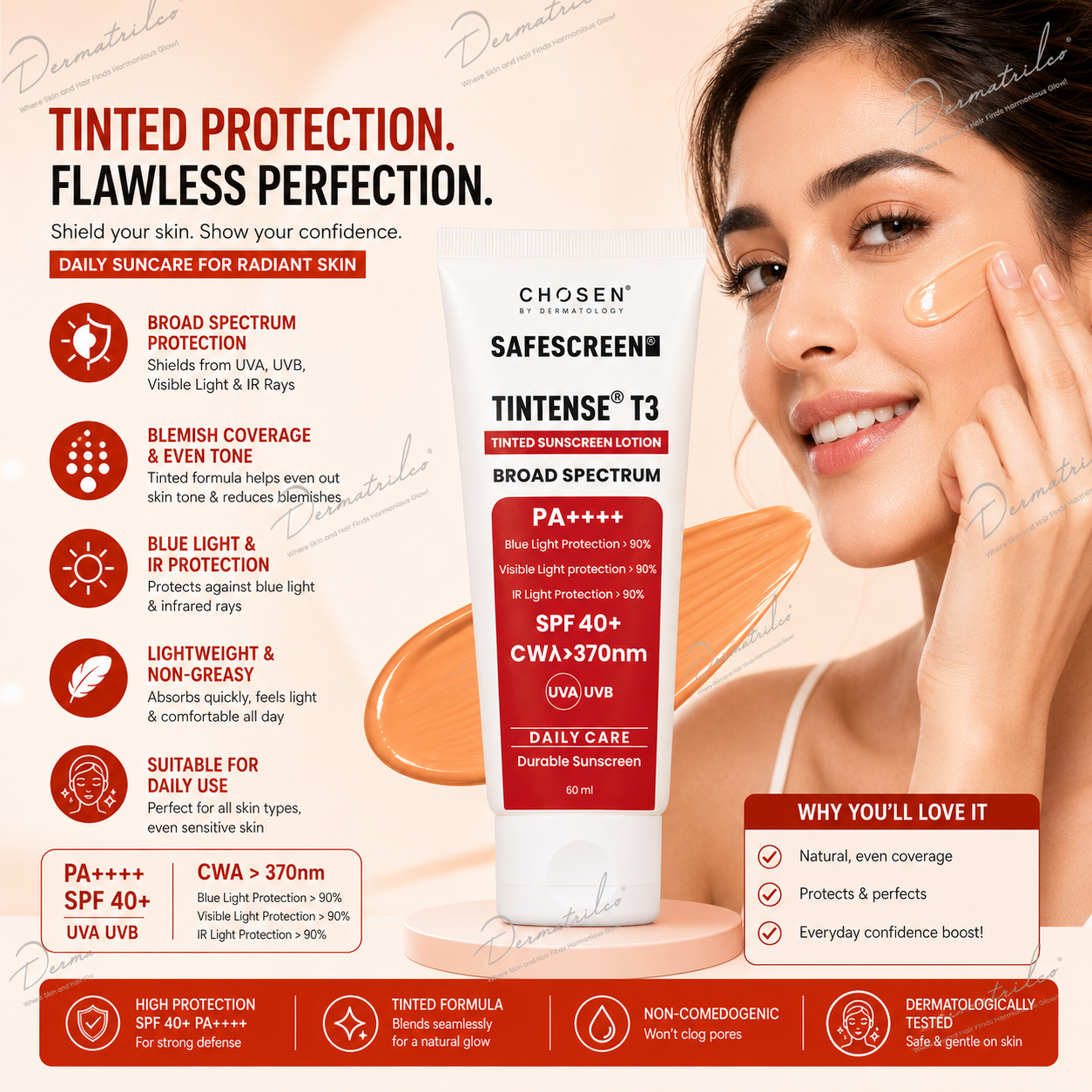 SAFESCREEN TINTENSE T3 (Beige) Tinted Sunscreen Lotion PA++++ SPF 40+