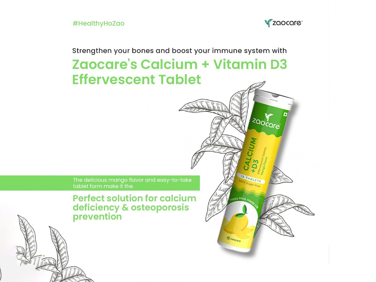 Zaocare Calcium + Vitamin D3 Effervescent Tablet - Mango Flavour