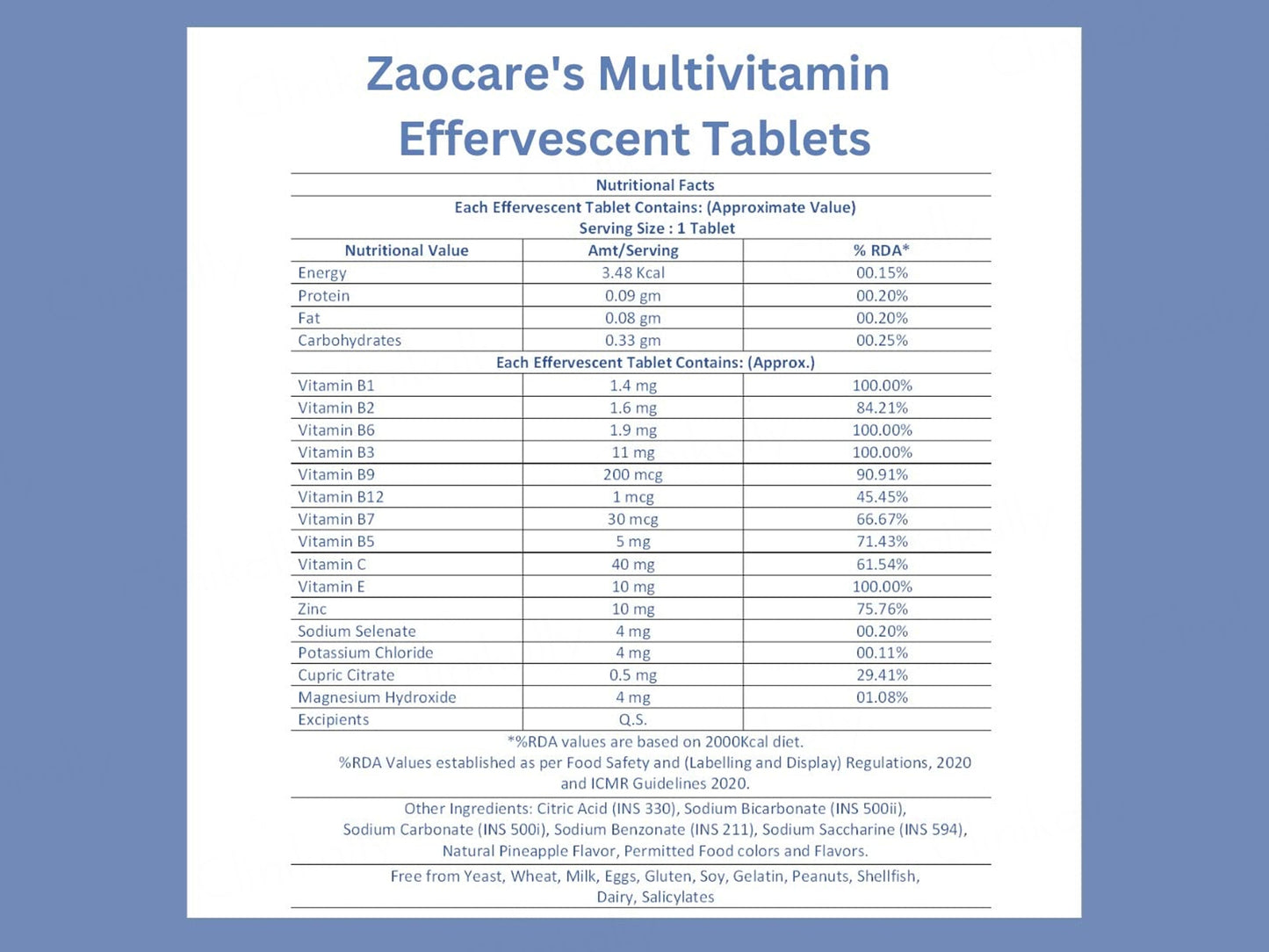 Zaocare Multivitamin Effervescent Tablet - Pineapple Flavour