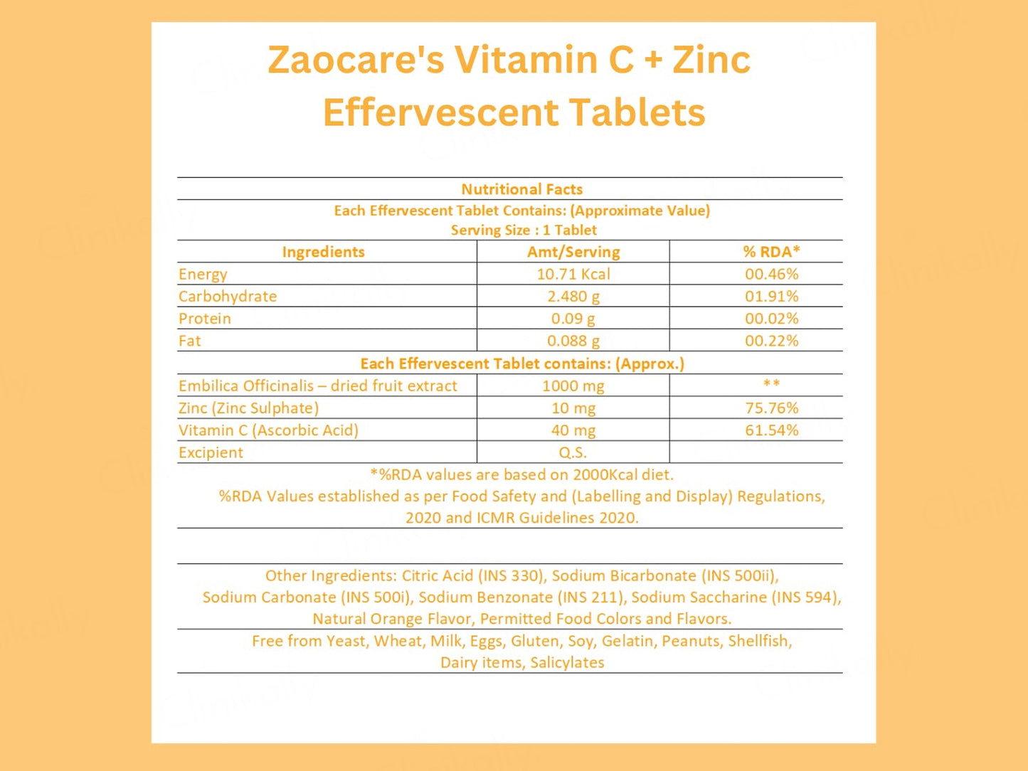 Zaocare Vitamin C + Zinc Effervescent Tablet - Orange Flavour