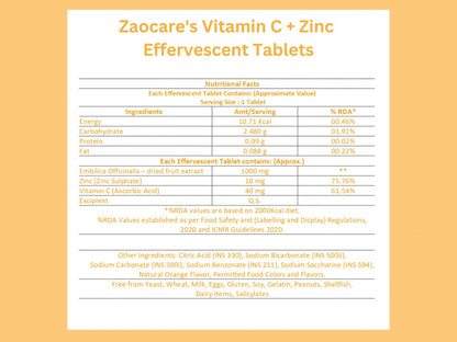 Zaocare Vitamin C + Zinc Effervescent Tablet - Orange Flavour